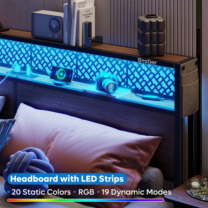 Platform Bed with LED Upholstered Storage Headboard Charge Station Foldable Bedside Shelf