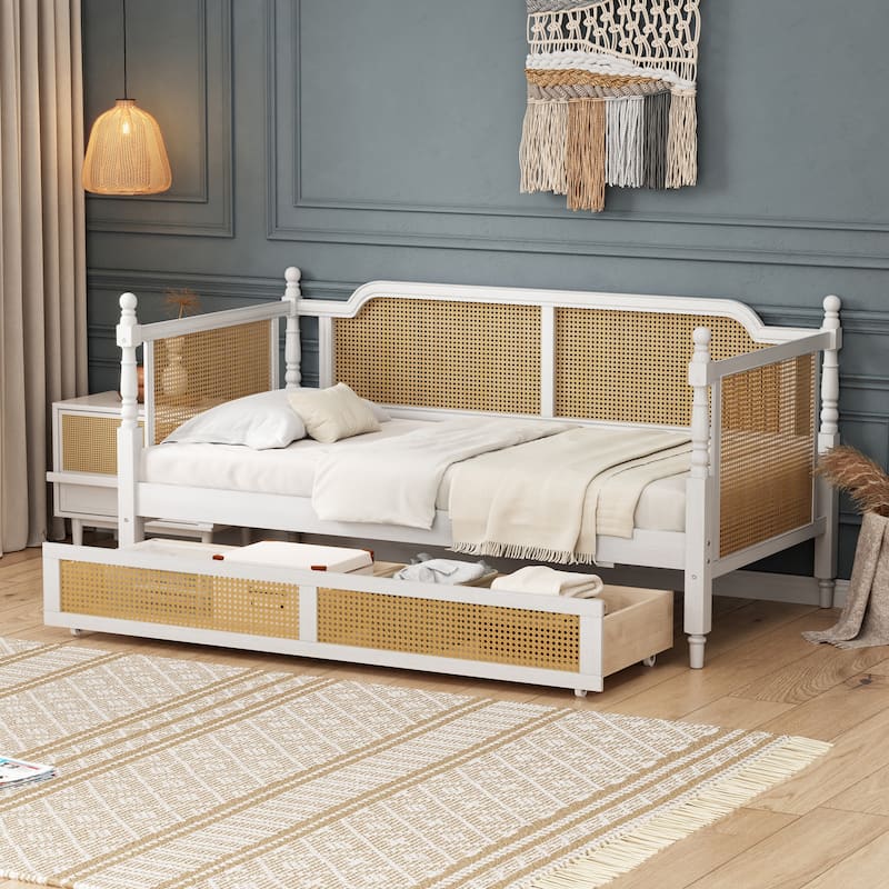 Traditional Rattan Daybed with Storage Drawers or Trundle - Antique White-Daybed and Drawers - Twin