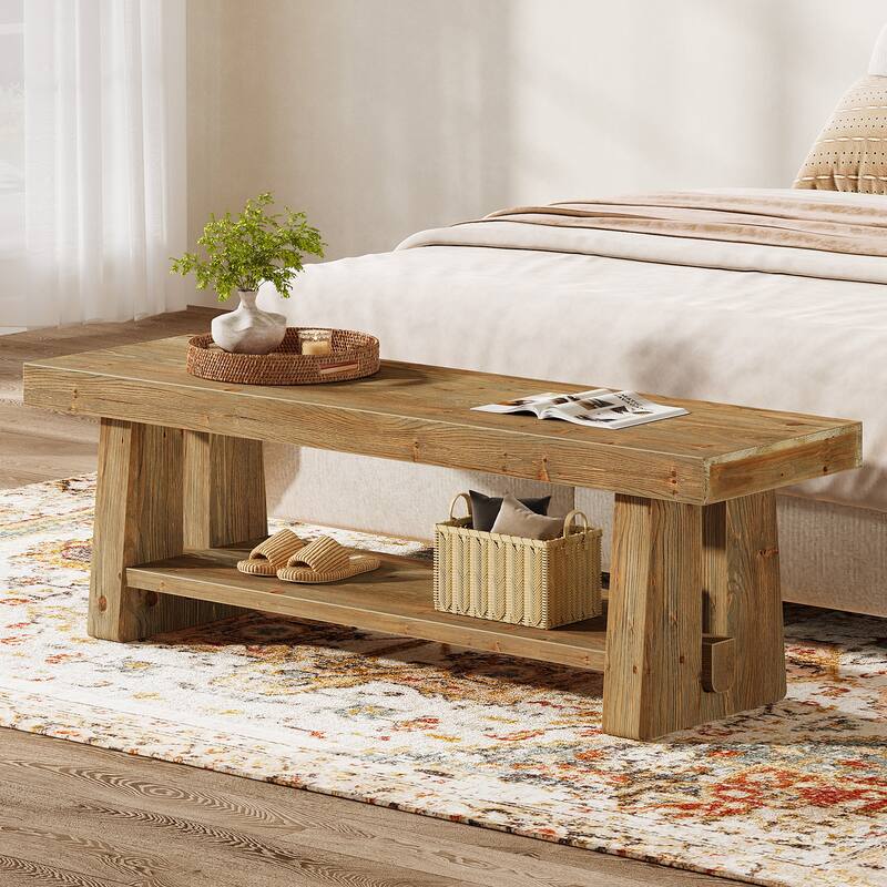 63" Solid Wood 2-Tier Entryway Bench with Open Shelves, Dining Bed End Accent Seat for Dining Room Living Room Hallway Bedroom