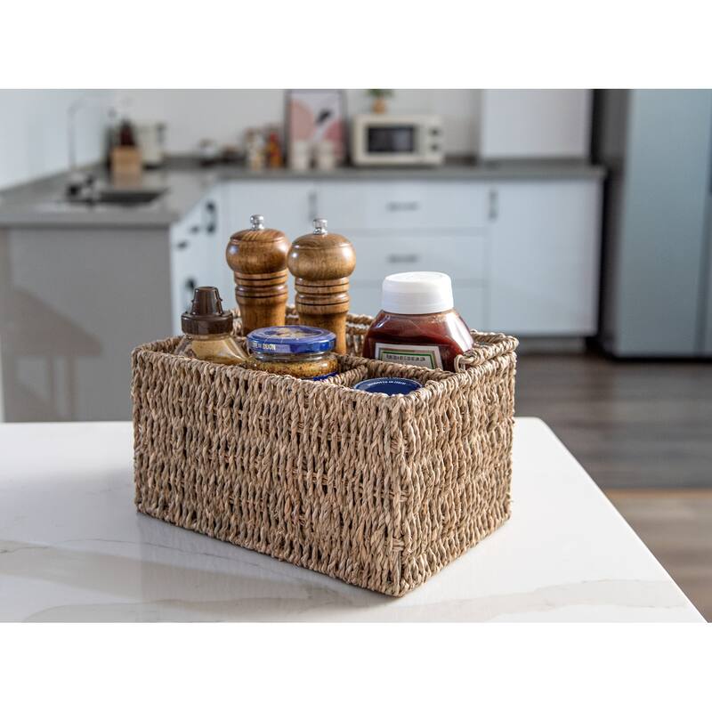 Hand-Woven Wicker Cutlery Holder with Handle, Flatware Basket Organizer