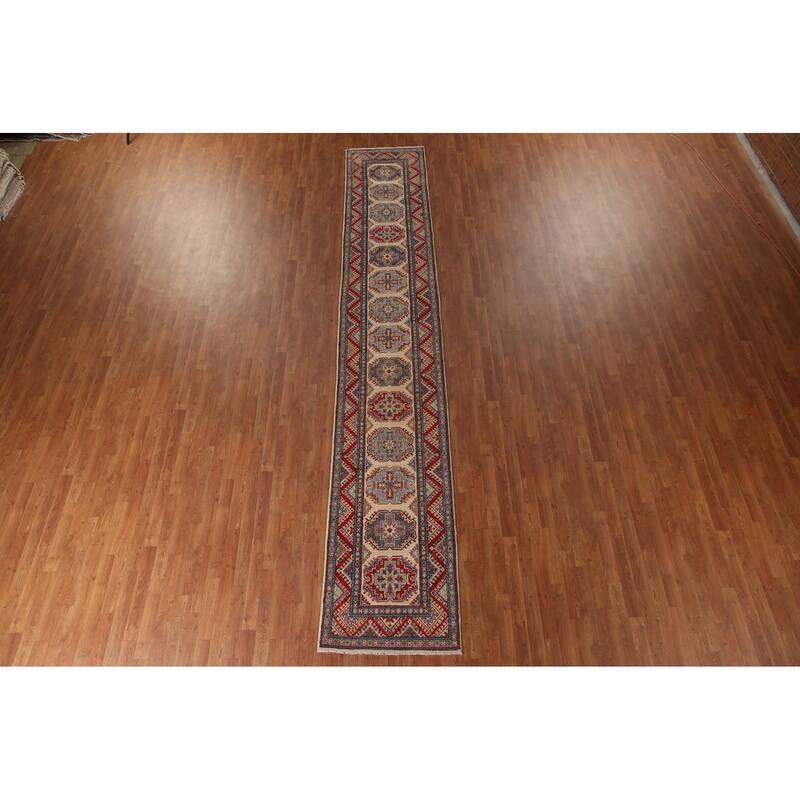 Geometric Kazak Runner Rug Handmade Beige Oriental Wool Carpet - 2'7" x 15'5"