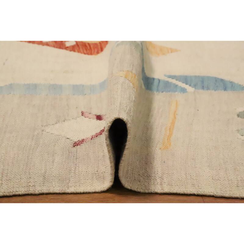 Hand Woven Oriental 100% Wool Carpet Southwestern Tribal Beige & Ivories Kilim Area Rug - 9' 1'' X 5' 8''