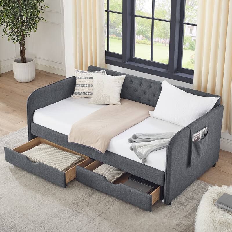 Roomfitters Twin Upholstered Daybed with Trundle, Underbed Storage and Flat Arms with Side Pocket, Extendable Design