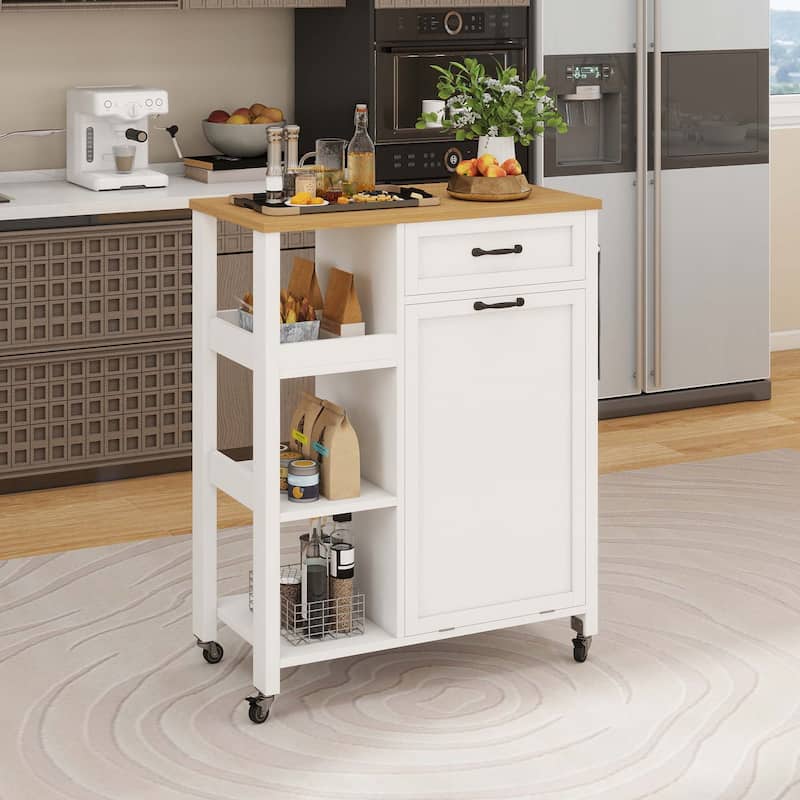 Moasis Kitchen Island Cart on Wheels with Trash Can Storage Cabinet - White-10 Gallon Trash Can