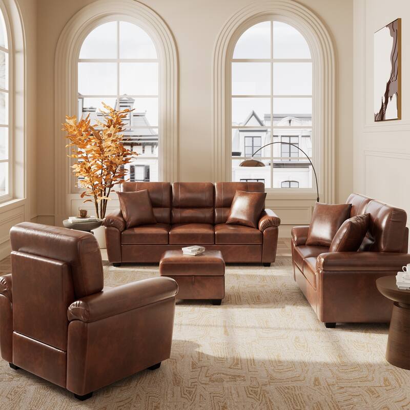 Upholstered Living Room Set, 4 Pieces - Faux Leather Chair, Loveseat, Sofa with Ottoman