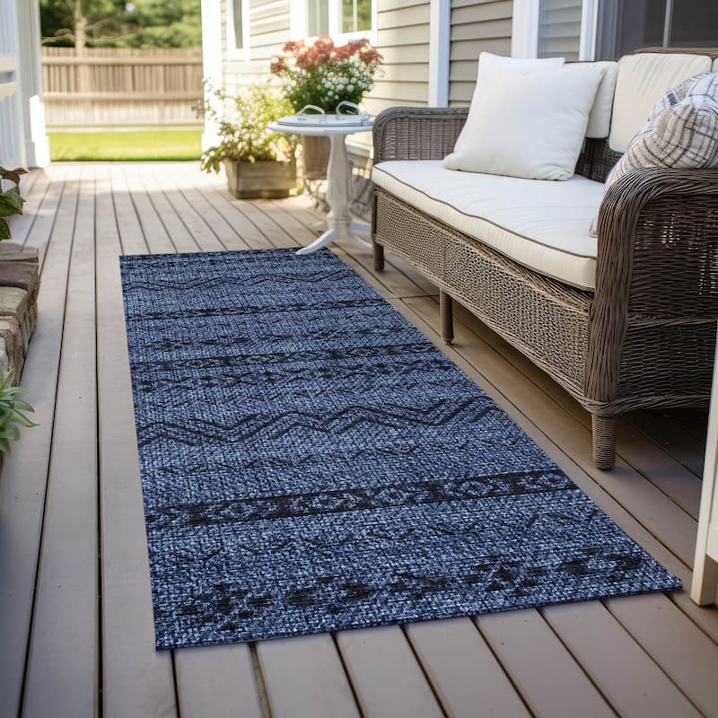 Machine Washable Indoor/ Outdoor Chantille Stripes Boho Rug - Navy - 2'3" x 7'6"