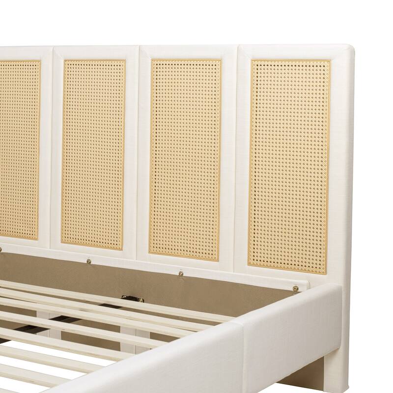 Jennifer Taylor Home Toscana Upholstered Cane Back Platform Bed, Antique White Polyester