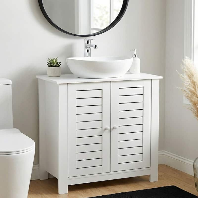 Santorin White Bathroom Vanity Under Sink Cabinet with U-Shaped Cut-Out, Double Vented Doors - 24"L x 11.8"D x 27.9"H