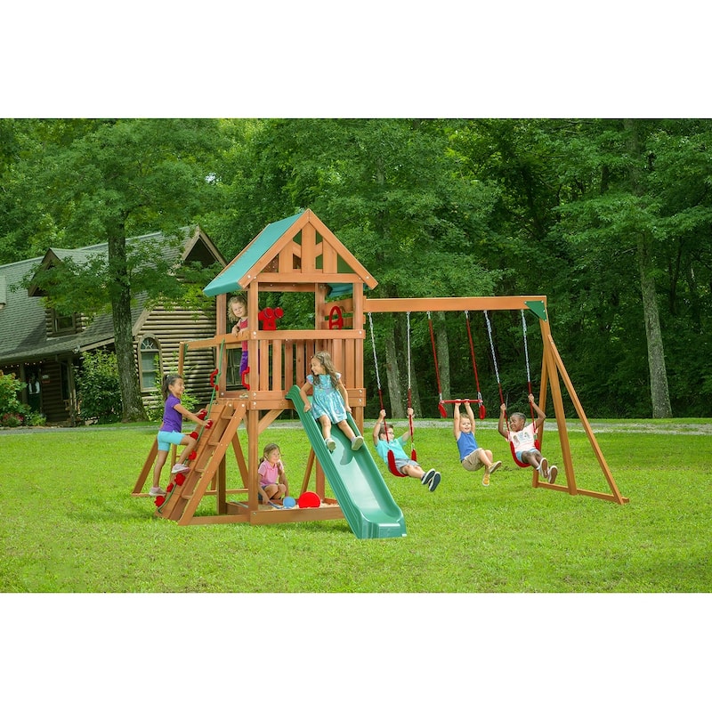 Mountain View Swing Set with Tarp Roof, Climbing Wall, Monkey Bars - Red
