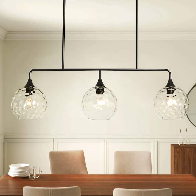 3-Light Modern Black/Brushed Gold Linear Chandelier for Kitchen Island with Clear Textured Glass Globe Shades - Black/Clear