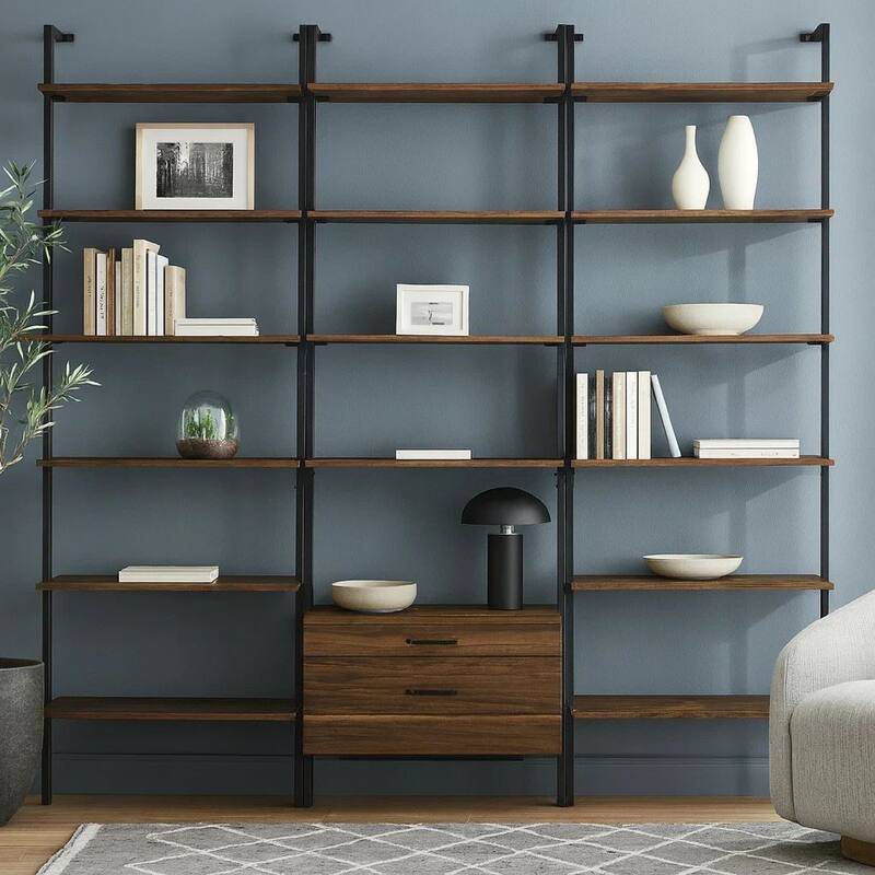 Wens 3pc Wall Mounted Bookcase Set, Shelves, 2 Drawers, Walnut Brown