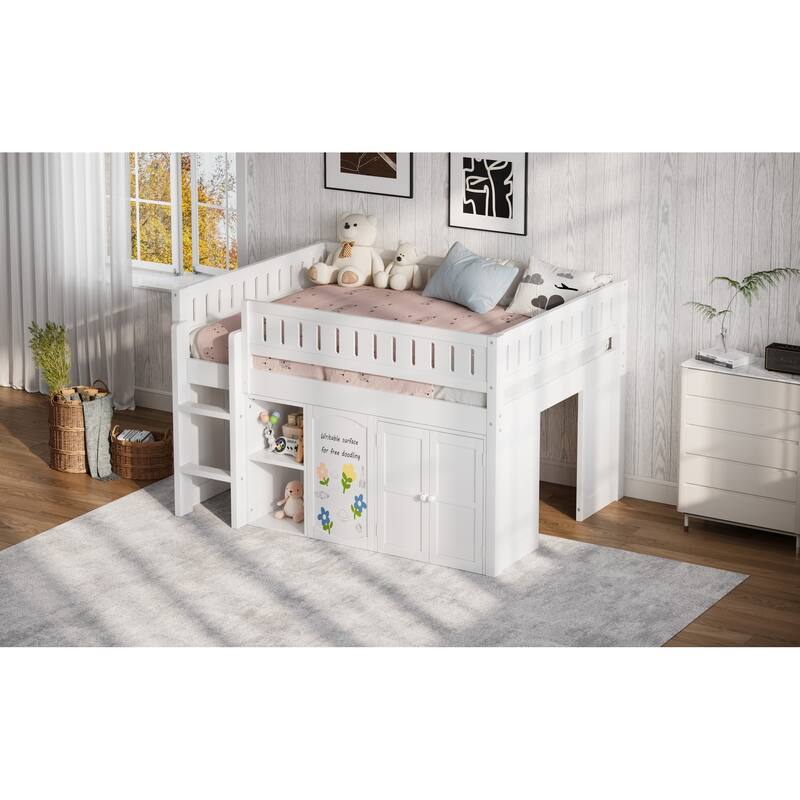 Roomfitters Full Size Loft Bed with Storage Cabinet, Open Shelves and Chalkboard Panel