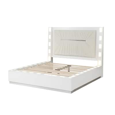 Coco LED King Size Bed Made with Wood in Milky White