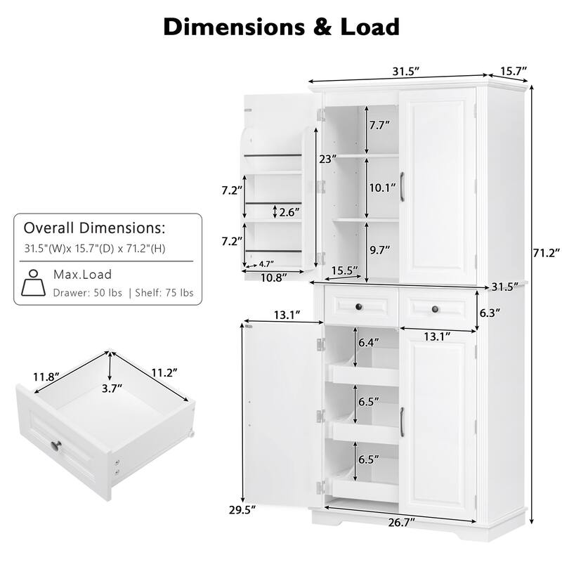 Roomfitters 71" Tall Kitchen Pantry Cabinet with 3 Pull-Out Organizers & 6 Door Shelves