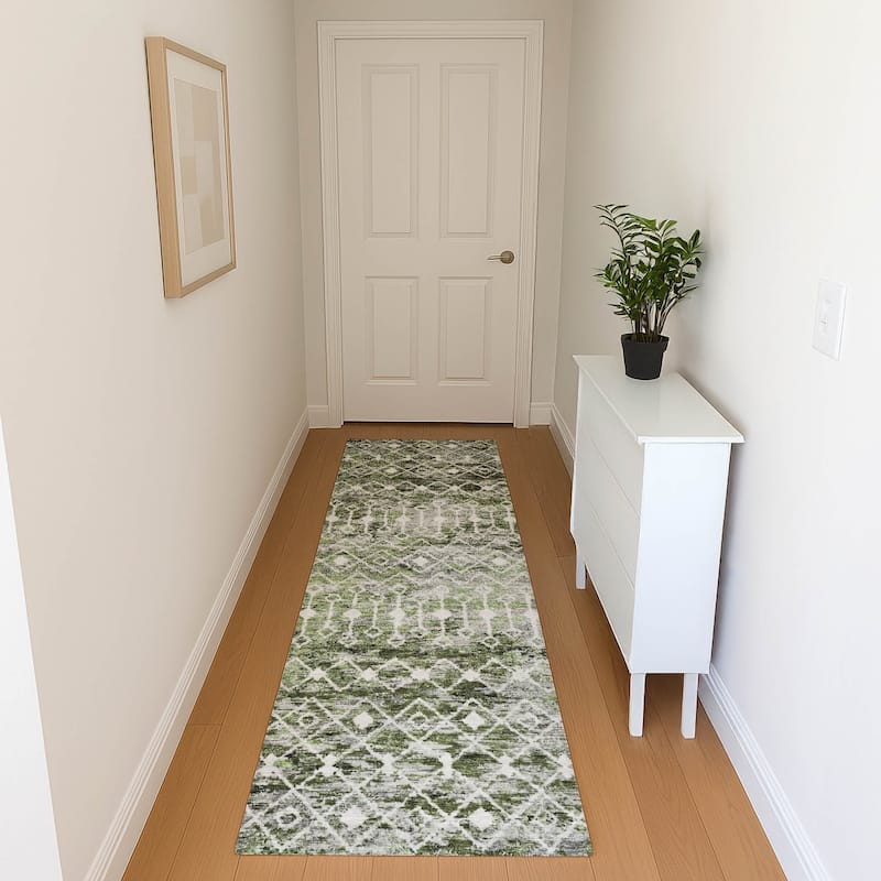 Premium Washable Super Soft Boho Trellis Mayfield Rug - Olive - 2'3" x 7'6"