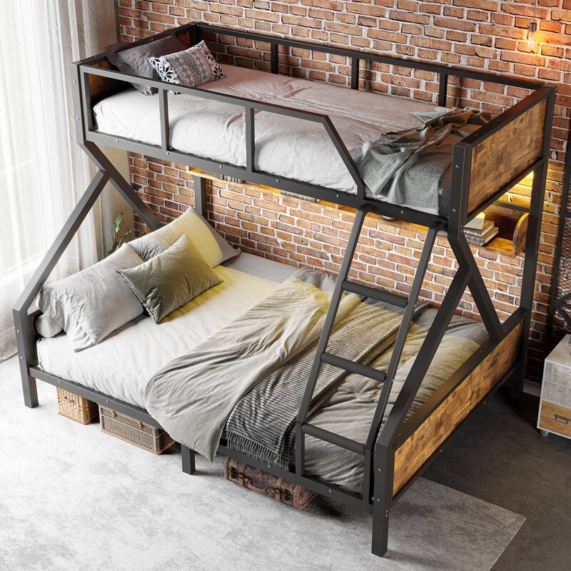 Woodgrain Accents Black Metal Bunk Bed Frame with Built-in Storage Shelves and LED Light Strip for Guest Rooms, Dorms