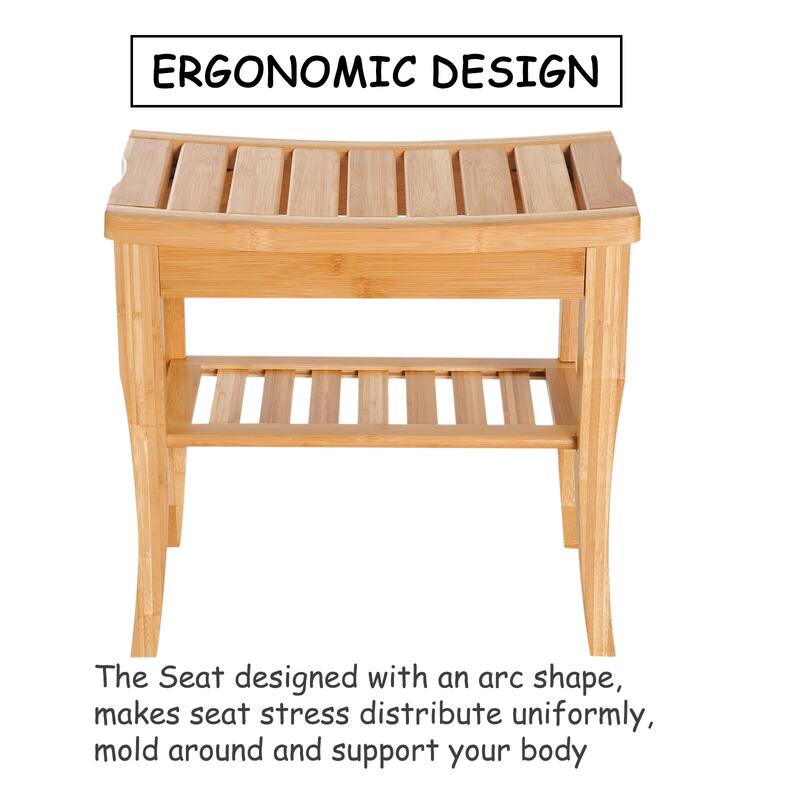 HomCom 20" Long Bamboo Wood Shower Bench Seat With Lower Storage Shelf - 10.25*19.75*17.5