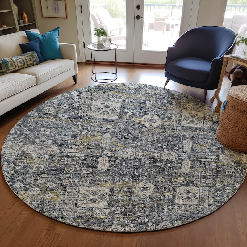 Machine Washable Indoor/ Outdoor Chantille Vintage Traditional Rug - Charcoal - 8' x 8'