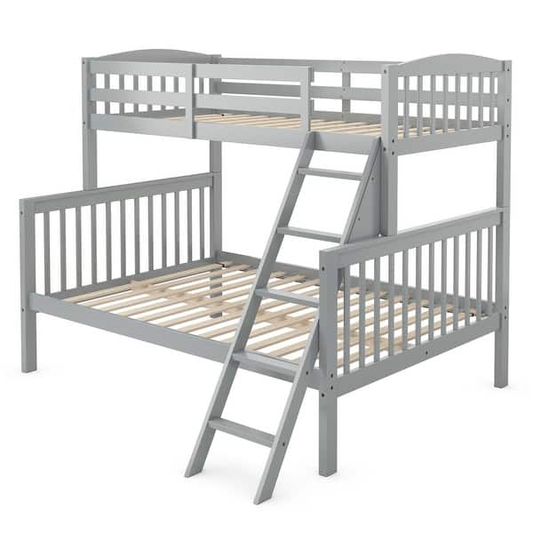 slide 2 of 17, Twin over Full Bunk Bed Rubber Wood Convertible with Ladder Guardrail Grey