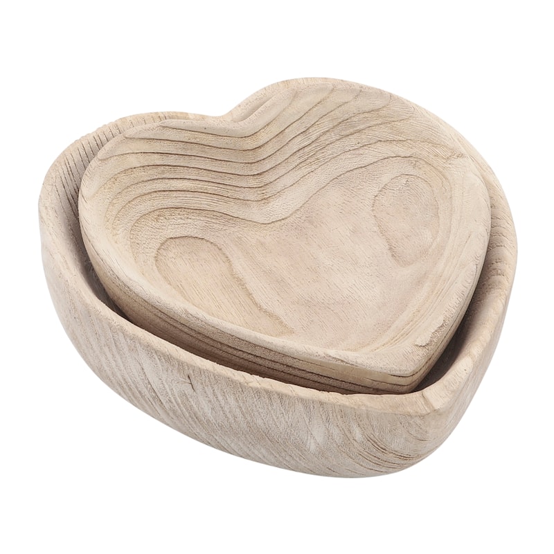 Sagebrook Home Handcrafted Paulownia Wood Decorative Bowls, Heart-Shaped Nesting Design, Set of 2 - 10" x 10" x 3"