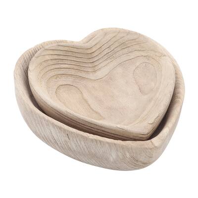Set of 2 Wooden Heart Shaped Bowls Contemporary Rustic Farmhouse Natural Brown Heart Nesting Bowls Decorative Wooden