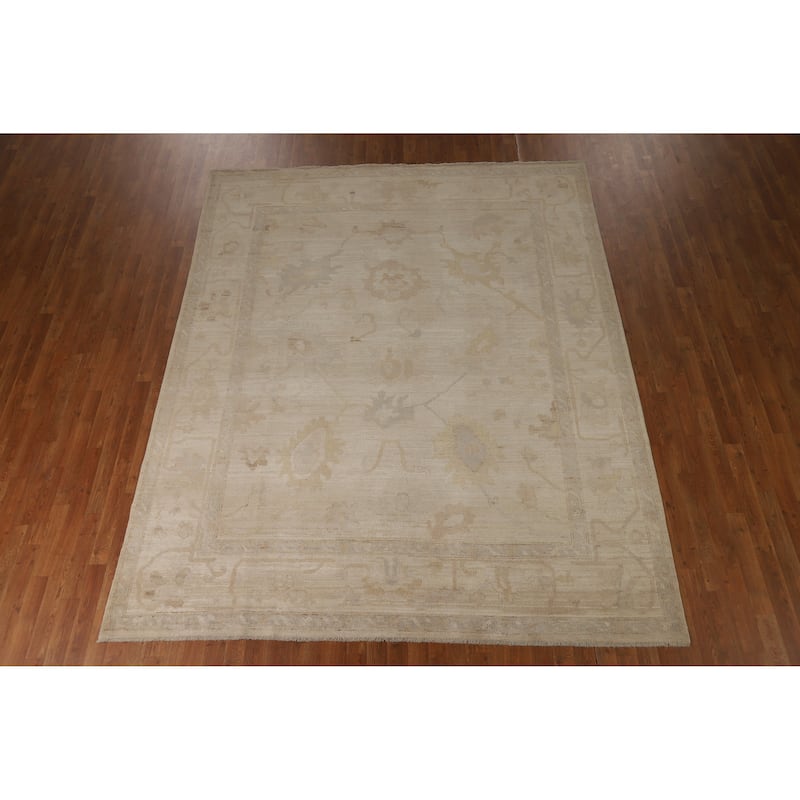 Hand Knotted Oriental 100% Wool Carpet Transitional All-Over Beige & Ivories Oushak Area Rug - 9' 10'' X 7' 11''