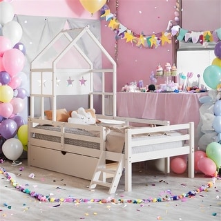 Wood Twin House Bed with Guardrail and Drawer