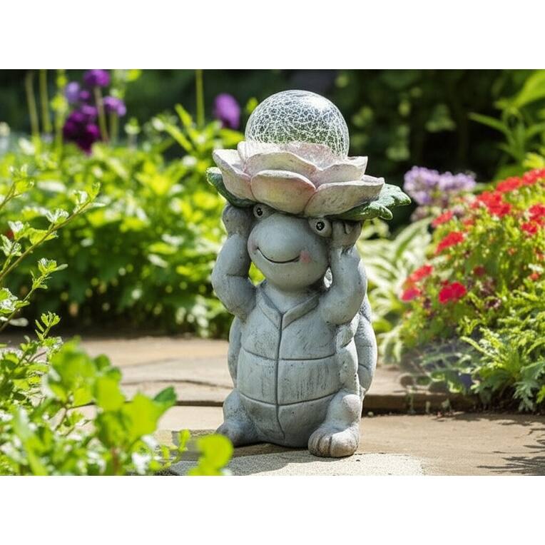 Magnesia Garden Statuary Turtle with Flower and Globe Light - 15" Gray