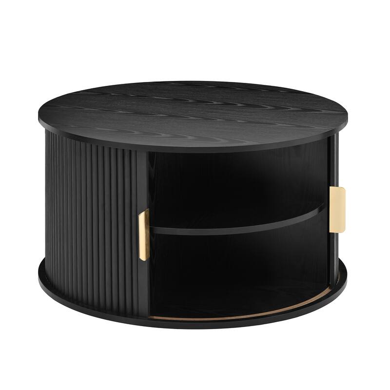 Nesting Coffee Table Set of 2, Modern Storage Coffee Table, Round Tea Table and End Table Set with Sliding Tambour Door