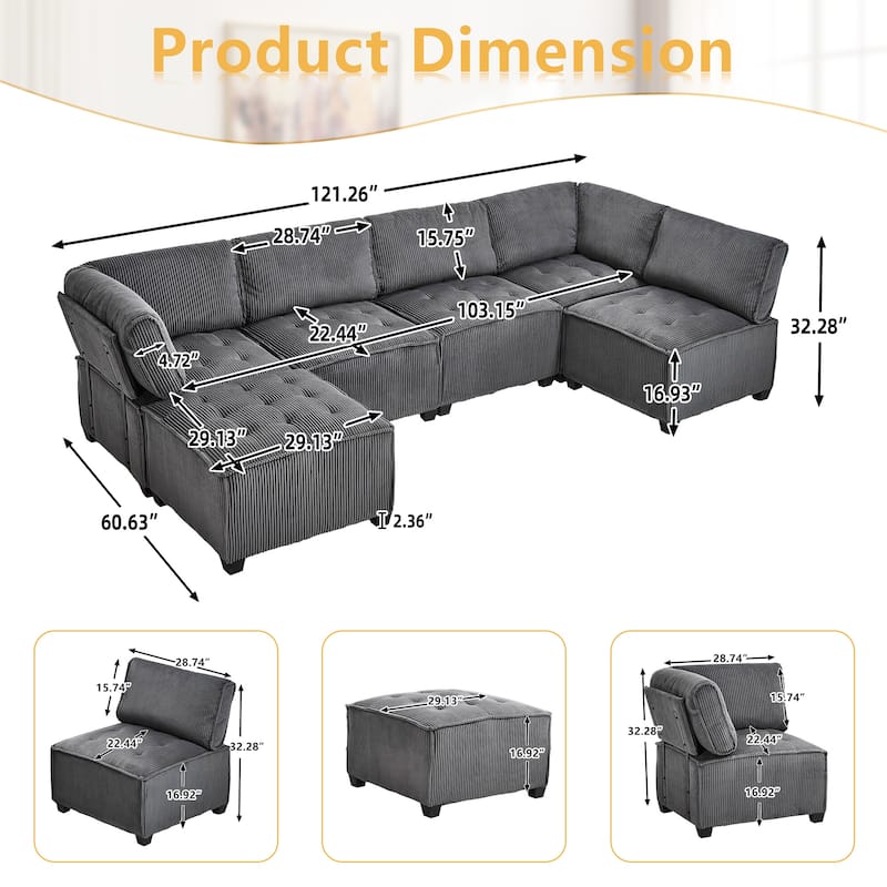 Ergonomic Lounge Modular Couch Corduroy Sectional Sofa with Deep Seat Ottoman Chaise and High-Rebound Thick Cushions