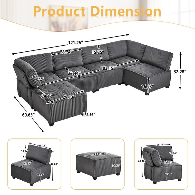 U-Shaped Modular Sectional Sofa, Oversized Corduroy Cloud Couch with Reversible Chaise, Comfy Convertible 6-Seat Corner Couch