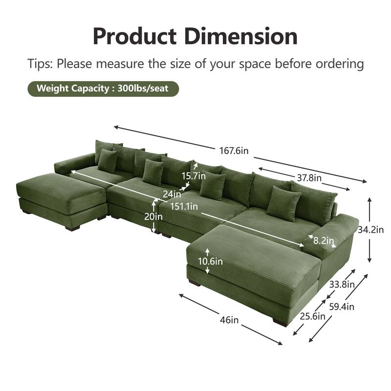 GDFStudio - Corduroy U-Shaped 4-Seater 167.6" Cloud Modular Sectional Couch with 2 Ottomans