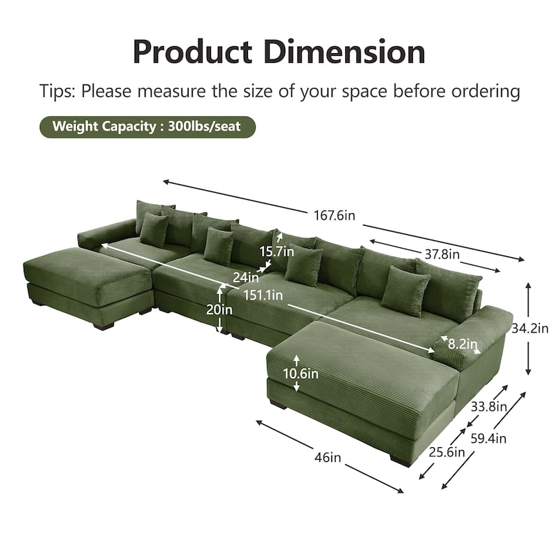 Roomfitters 130 Inch Modular Sectional Couch, Oversized Corduroy 3-Seater with Deep Seats