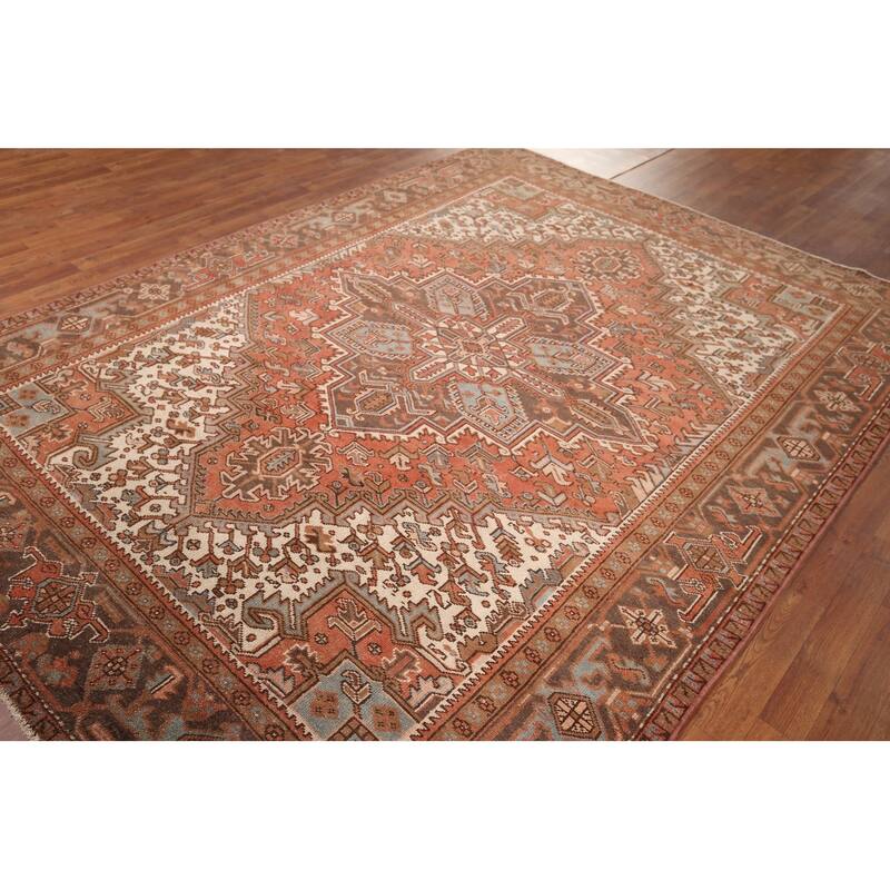 Orange Geometric Heriz Persian Vintage Area Rug Handmade Wool Carpet - 7'2"x 9'8"