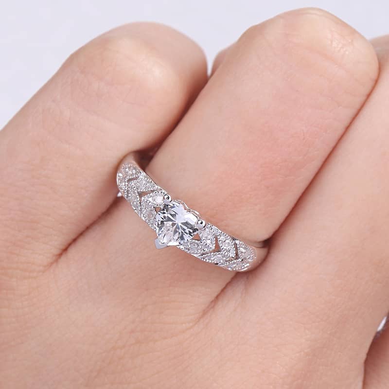 Miadora Sterling Silver Created White Sapphire and Diamond Accent Vintage Heart Engagement Ring