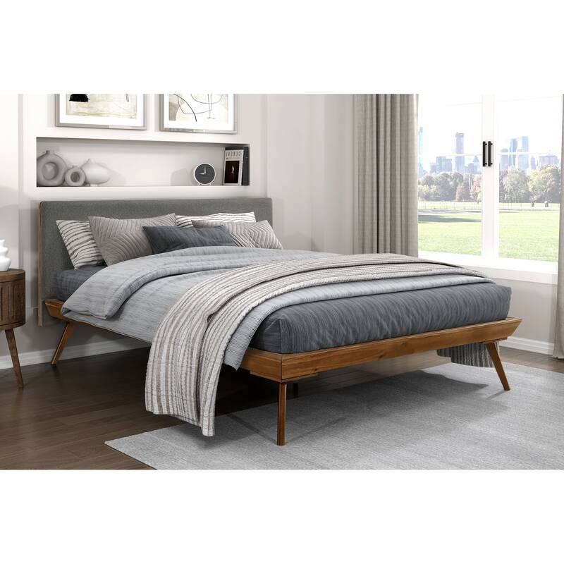 Full Size Platform Bed with Upholstered Headboard, Foam Cushion, Chestnut Wood Frame, No Box Spring Needed