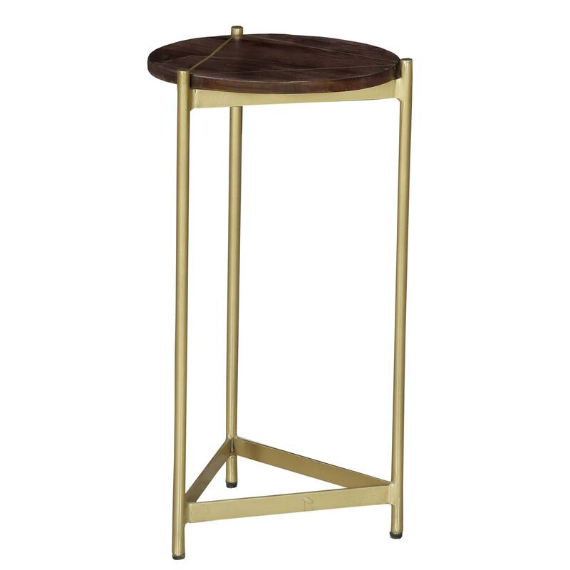 Brita 12 Inch Cocktail Accent Table, Round Wood Top, Triangular Gold