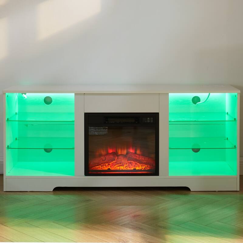 Modern 3D Fireplace TV Stand with USB Ports, LED Color Options, and Glass Storage Shelves for TVs 32-62'' - Black