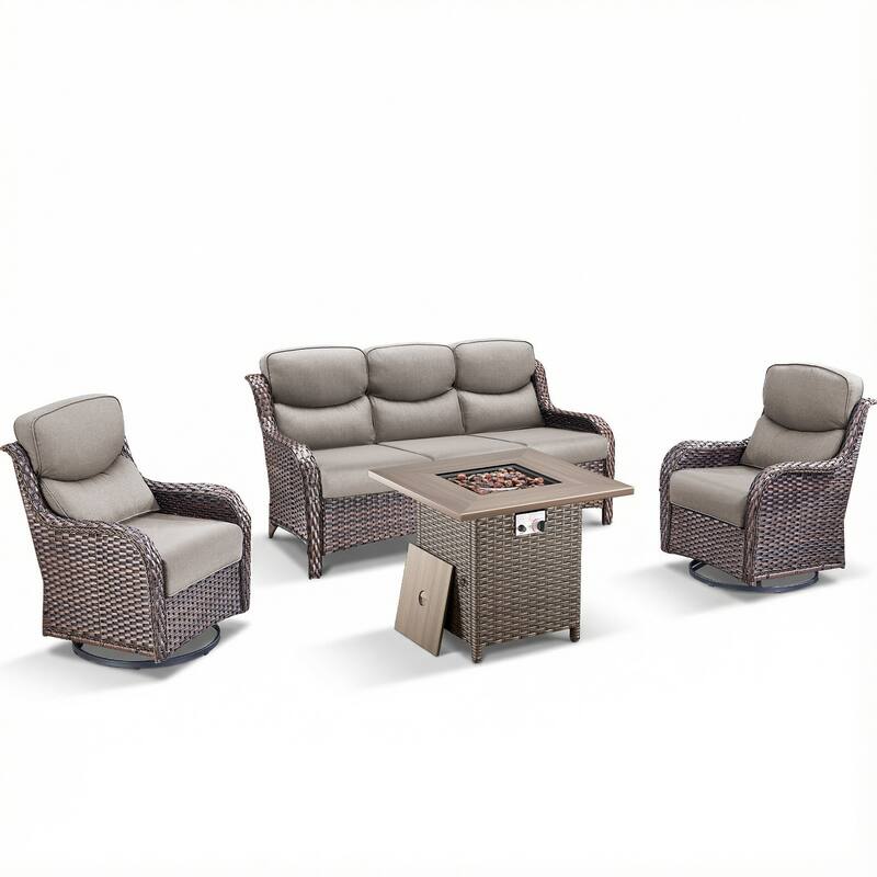 Pocassy Outdoor Propane Fire Table with Sofa Swivel Chair Table Funiture Set.