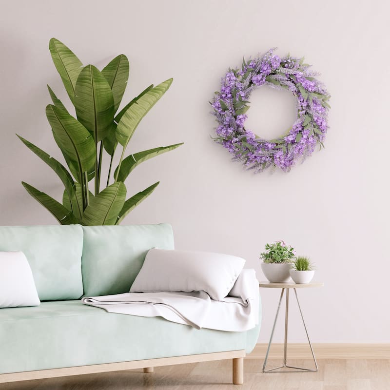 30" Artificial Lavender Floral Spring Wreath With Green Leaves
