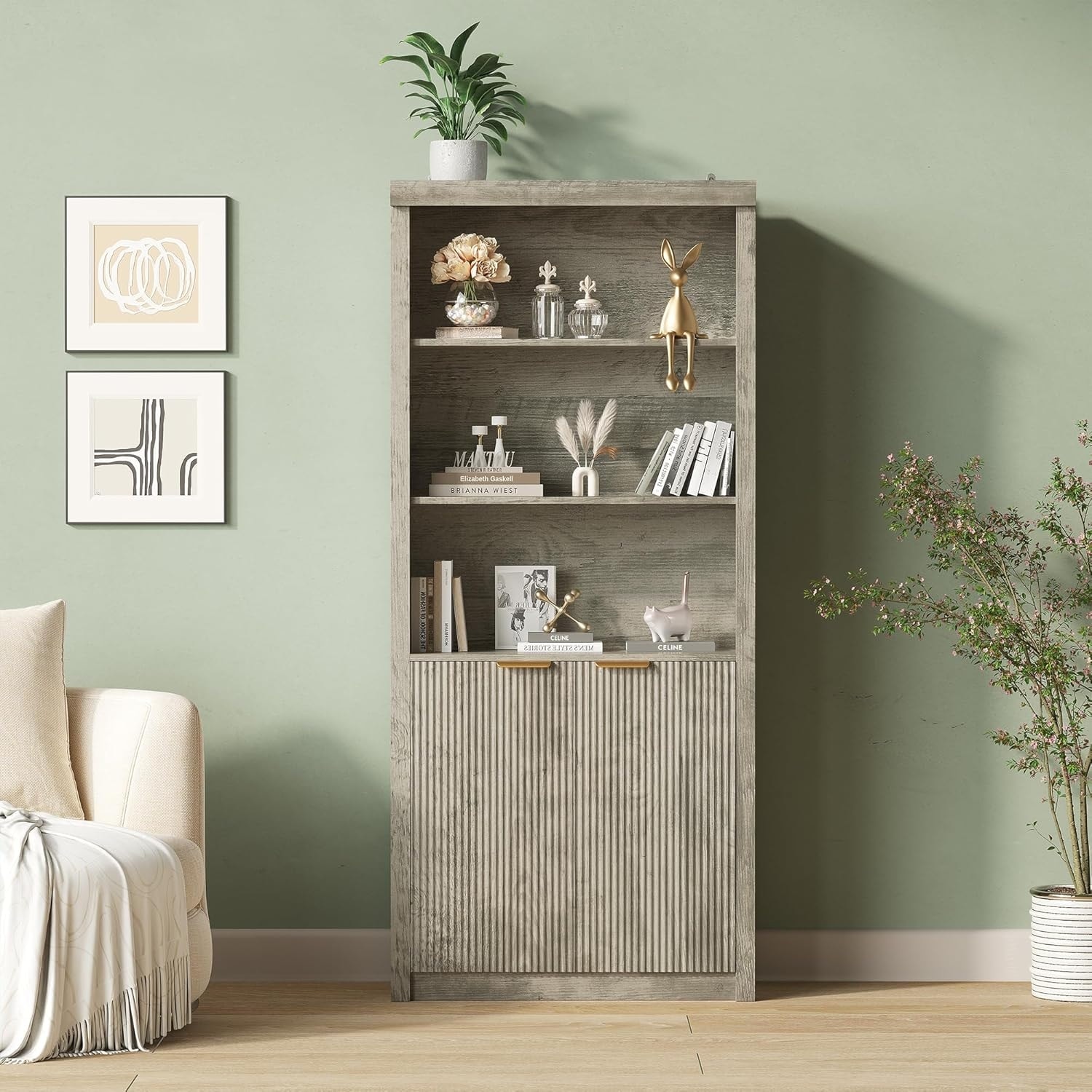 71" Tall Bookshelf with Fluted Doors, 5 Tier Bookcase Display Shelves with Storage Cabinet & Adjustable Shelf, White