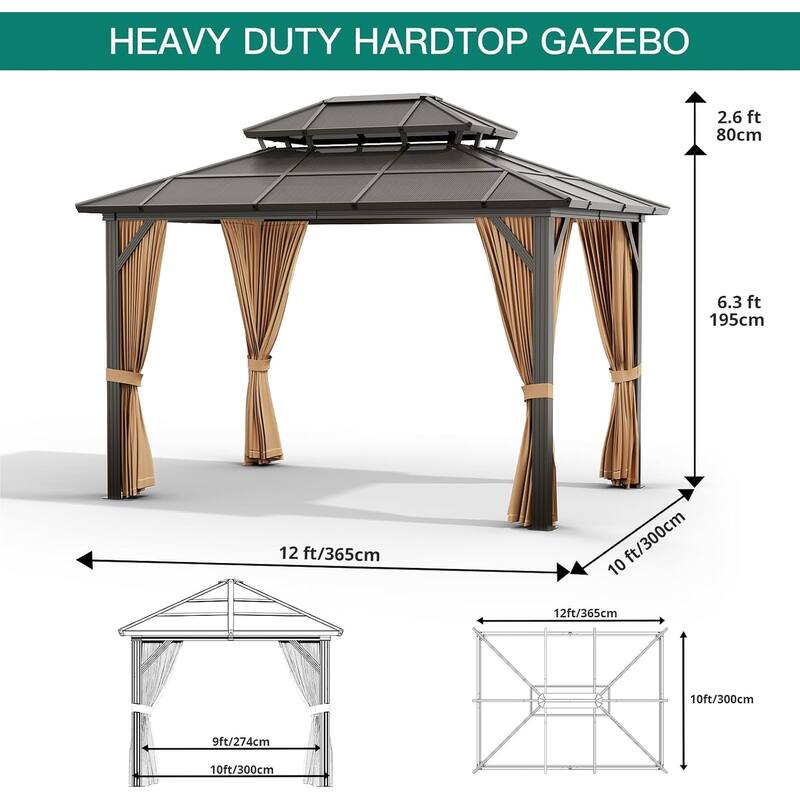 Hardtop Outdoor Double Roof Gazebo, Aluminum Frame Permanent Pavilion with Curtains and Nettin