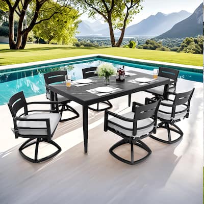 7-Piece Aluminum Patio Set: 35.5" x 71" Marble-Look Table & 6 Swivel Rockers with Sunbrella Cushions