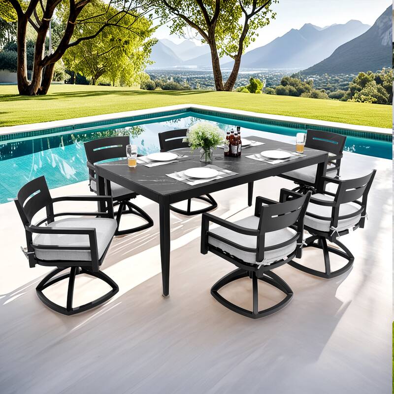 Modern 7-Piece Patio Dining Set with 35.5"x71" Black Marble Sintered Table and 6 Swivel Rockers, Ember Black