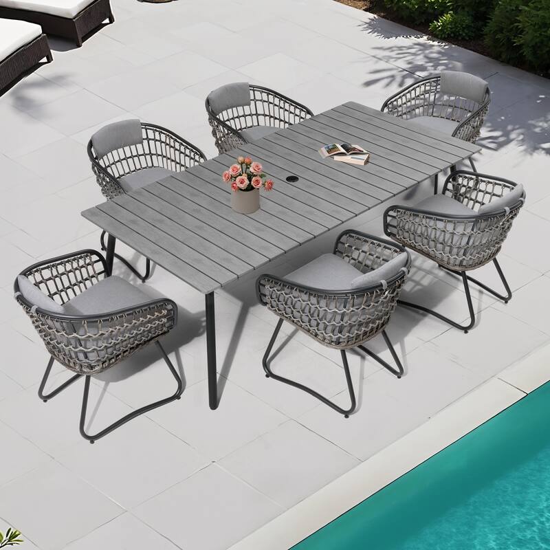 Outdoor 7 PC- Patio Rectangular Aluminum Dining Table Set with Umbrella Hole with Rattan Chair