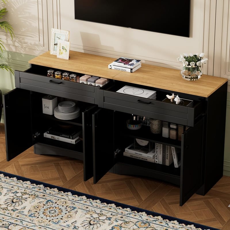 Farmhouse TV Stand 2 Drawers for TVs Up to 70",Mid-Century Buffet Cabinet with Adjustable Shelves
