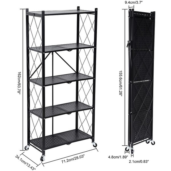 Heavy-Duty Foldable Storage Rack - 3, 4, Or 5-Tier Shelving Unit With Wheels - For Garage, Kitchen, Warehouse - Metal, Easy To Assemble