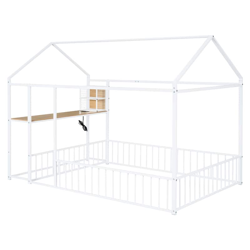Full Size Metal Bed House Bed Frame with Desk, Shelves, Power Outlets and USB Ports, White