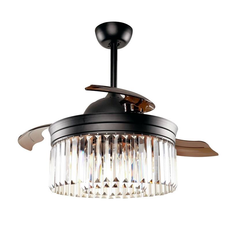 42 Inch Retractable Ceiling Fan Light Black LED Crystal Fan Light with Remote Control