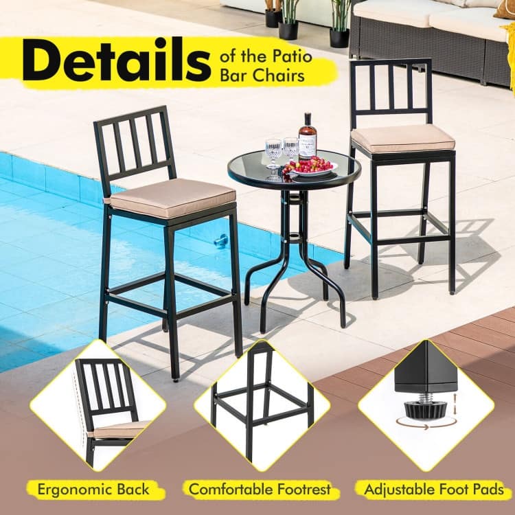 Set of 2 Patio Bar Chairs with Detachable Cushion and Footrest - 16" x 19.5" x 40.5" (L x W x H)